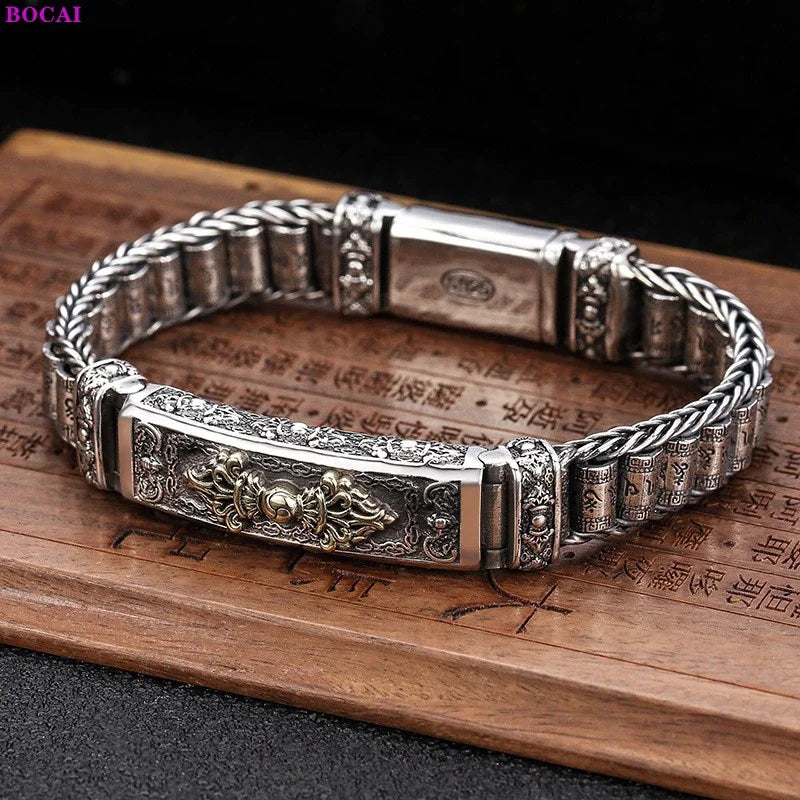 925 Sterling Silver Bracelet with Six Signs of Truth Vajra with Rotating Drum
