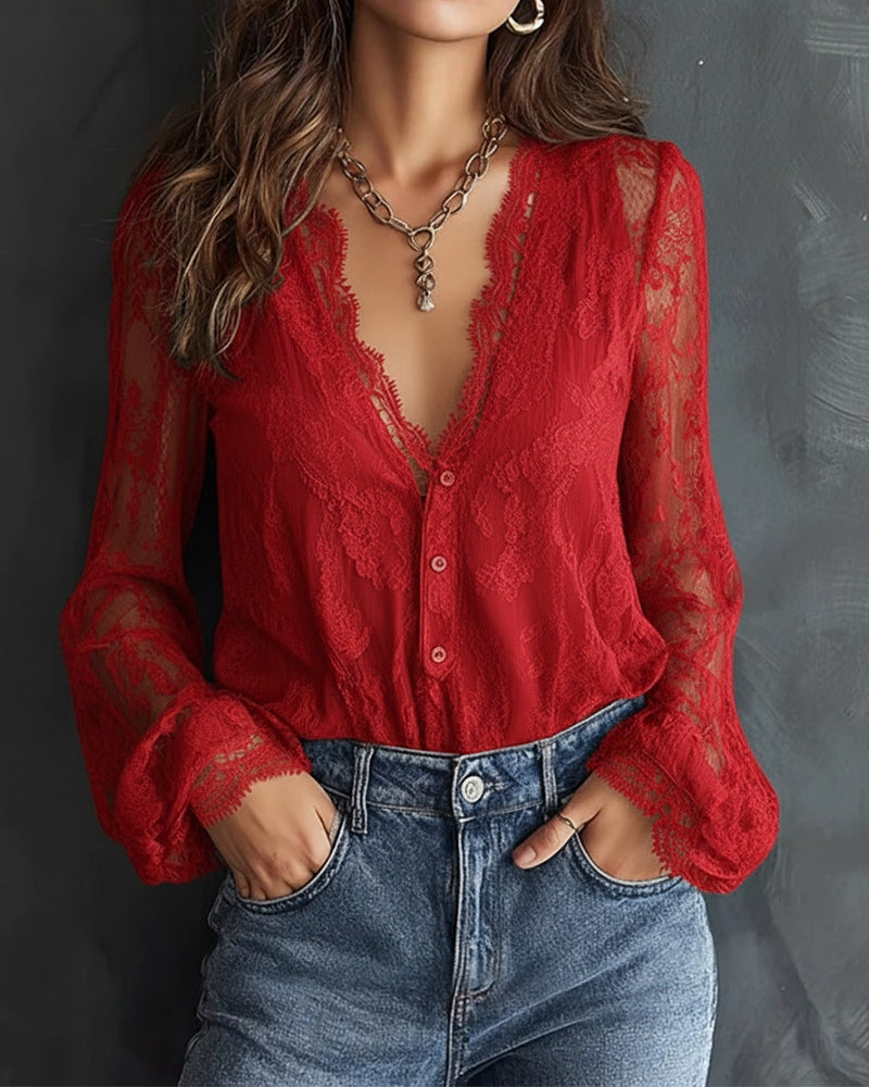 Long Sleeve Lace Blouse with V-Neck