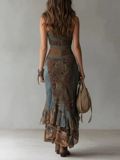 María | Asymmetrical long dress with ethnic print and side slit